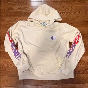 Eric Emanuel Off White Hoodie with Purple and Red Flame Accents